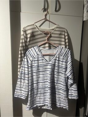 Striped Long Sleeve Tops - Blue & Beige
